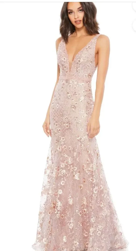 $598 Mac Duggal Women's Size 10 Pink Floral Embellished Sleeveless Gown - Picture 3 of 8